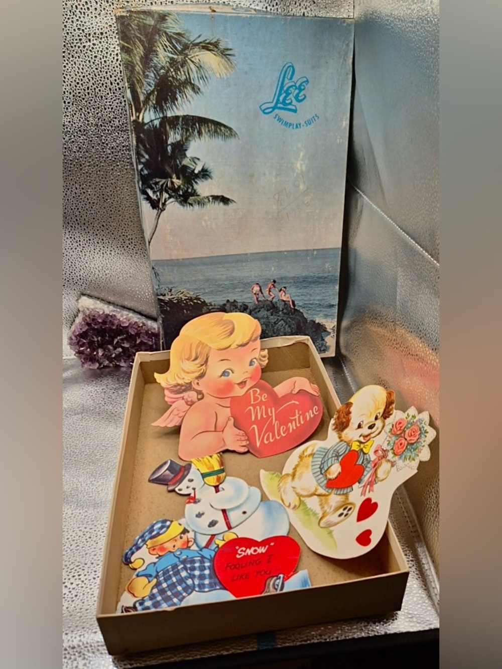 Large Vintage Valentine Cards Lot 3 MCM Valentines 1940s LEE Swimplay Suits Box